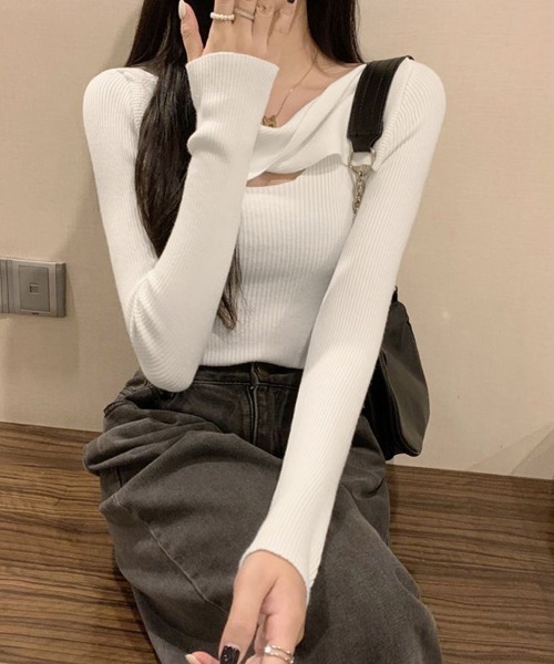 Miniministore(ミニミニストア)の「ツイスト リブニットトップス レディース(ニット/セーター・レディース・ブラック/ベージュ/ダークベージュ/ホワイト/ピンク・FREE)」の7枚目の写真