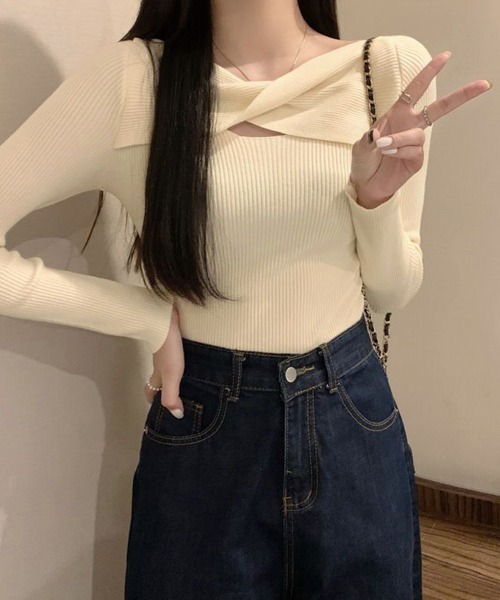 Miniministore(ミニミニストア)の「ツイスト リブニットトップス レディース(ニット/セーター・レディース・ブラック/ベージュ/ダークベージュ/ホワイト/ピンク・FREE)」の10枚目の写真