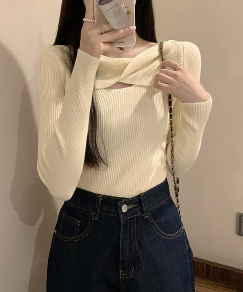Miniministore(ミニミニストア)の「ツイスト リブニットトップス レディース(ニット/セーター・レディース・ブラック/ベージュ/ダークベージュ/ホワイト/ピンク・FREE)」の11枚目の写真