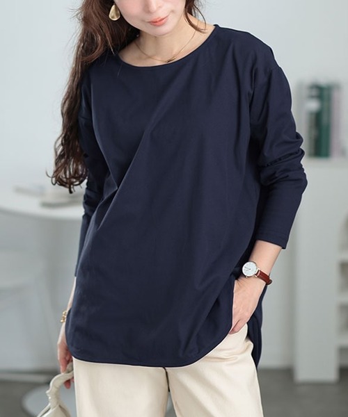 GOLDJAPAN(ゴールドジャパン)の「ラウンドヘムロングTシャツ【大きいサイズ対応】(Tシャツ/カットソー・レディース・ブラック/ネイビー/オフホワイト/ベージュ系・LL/3L/4L/5L)」の4枚目の写真