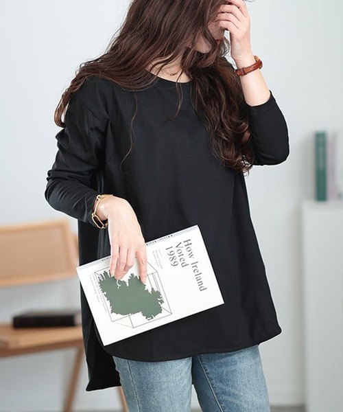 GOLDJAPAN(ゴールドジャパン)の「ラウンドヘムロングTシャツ【大きいサイズ対応】(Tシャツ/カットソー・レディース・ブラック/ネイビー/オフホワイト/ベージュ系・LL/3L/4L/5L)」の1枚目の写真