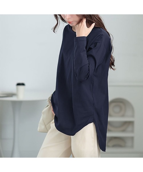 GOLDJAPAN(ゴールドジャパン)の「ラウンドヘムロングTシャツ【大きいサイズ対応】(Tシャツ/カットソー・レディース・ブラック/ネイビー/オフホワイト/ベージュ系・LL/3L/4L/5L)」の12枚目の写真