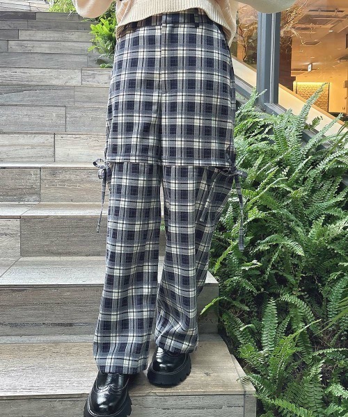 F i.n.t（フィント）の「【セットアップ対応】サイドリボンチェックパンツ/fint（その他パンツ・レディース・ネイビー×ホワイト/ベージュ×ブラック・FREE）」の2枚目の写真