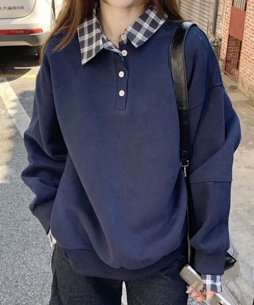 【セール】レイヤード風チェックドッキングニットBIGスウェットプルオーバー（スウェット）｜ABITOKYO（アビトーキョー）