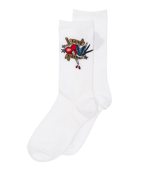 X-girl（エックスガール）の「TATTOO JACQUARD SOCKS（ソックス/靴下・レディース・ホワイト/ブラック・ONE SIZE）」の2枚目の写真