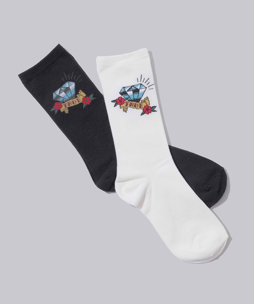 X-girl（エックスガール）の「TATTOO JACQUARD SOCKS（ソックス/靴下・レディース・ホワイト/ブラック・ONE SIZE）」の3枚目の写真