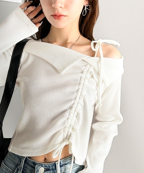 mily bilet(ミウィビレット)の「【mily bilet】エレガントな大人カジュアル。マルチウェイオフショル肩リボンギャザープルオーバー(Tシャツ/カットソー・レディース・ブルー/杢グレー/アイボリー/ブラック・LARGE/MEDIUM/SMALL/X-LARGE)」の2枚目の写真