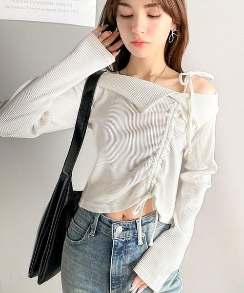 mily bilet(ミウィビレット)の「【mily bilet】エレガントな大人カジュアル。マルチウェイオフショル肩リボンギャザープルオーバー(Tシャツ/カットソー・レディース・ブルー/杢グレー/アイボリー/ブラック・LARGE/MEDIUM/SMALL/X-LARGE)」の6枚目の写真