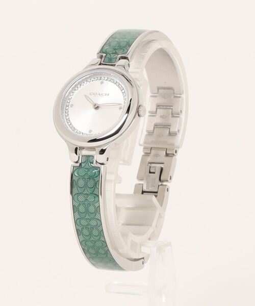 COACH(コーチ)の「「COACH/コーチ」 CHELSEA チェルシー27mm SS ホワイト サンレイ ダイヤル クリスタル ティール シグネチャー C トランスルーセント エナメル バングル(アナログ腕時計・レディース・グリーン/ゴールド×ブラウン・FREE)」の1枚目の写真