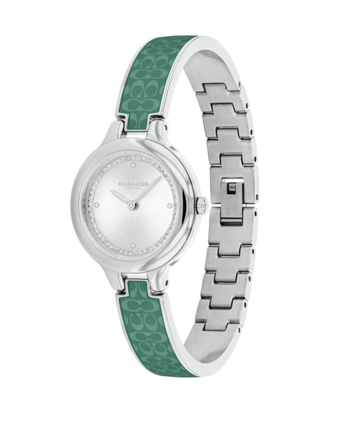 COACH(コーチ)の「「COACH/コーチ」 CHELSEA チェルシー27mm SS ホワイト サンレイ ダイヤル クリスタル ティール シグネチャー C トランスルーセント エナメル バングル(アナログ腕時計・レディース・グリーン/ゴールド×ブラウン・FREE)」の3枚目の写真