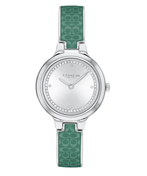 COACH(コーチ)の「「COACH/コーチ」 CHELSEA チェルシー27mm SS ホワイト サンレイ ダイヤル クリスタル ティール シグネチャー C トランスルーセント エナメル バングル(アナログ腕時計・レディース・グリーン/ゴールド×ブラウン・FREE)」の7枚目の写真