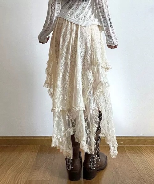 LADY LIKE（レディライク）の「ランダムヘムレースレイヤードスカート（スカート・レディース・ライトベージュ/ブラック/ホワイト・M）」の6枚目の写真