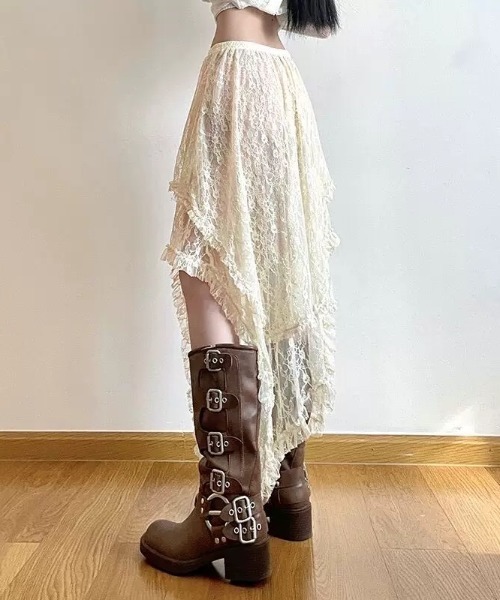 LADY LIKE（レディライク）の「ランダムヘムレースレイヤードスカート（スカート・レディース・ライトベージュ/ブラック/ホワイト・M）」の4枚目の写真