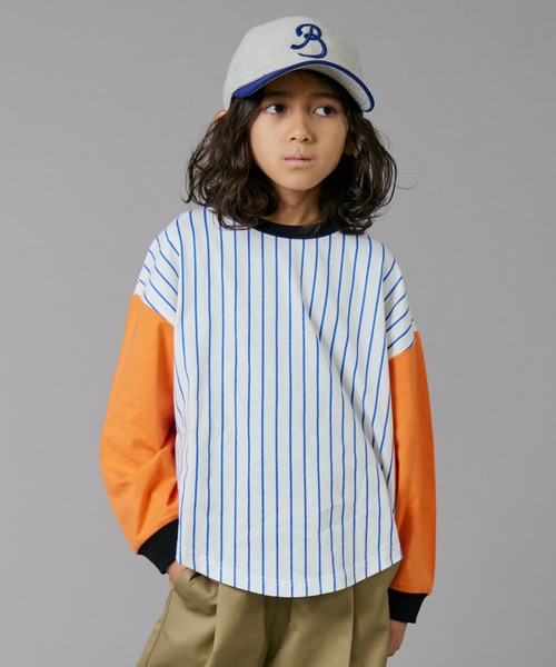 PAIRMANON STREET(ペアマノンストリート)の「【PAIRMANON STREET】ベースボール 配色 ストライプ 長袖 Tシャツ トップス(Tシャツ/カットソー・キッズ・オレンジ/ブラック/グリーン・100/110/120/130/140/150/160/90)」の1枚目の写真
