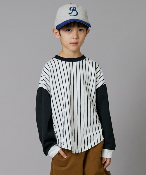 PAIRMANON STREET(ペアマノンストリート)の「【PAIRMANON STREET】ベースボール 配色 ストライプ 長袖 Tシャツ トップス(Tシャツ/カットソー・キッズ・オレンジ/ブラック/グリーン・100/110/120/130/140/150/160/90)」の2枚目の写真