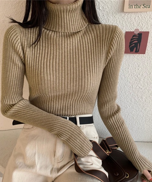 サムホールワイドリブタートルネックニットトップス（ニット/セーター