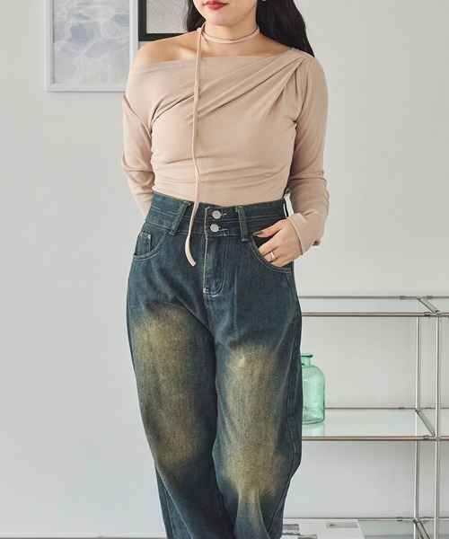 LinoU.（リノユー）の「タイ付きワンショルダーリブトップス（Tシャツ/カットソー・レディース・グレー/ベージュ/ブラック・FREE）」の12枚目の写真