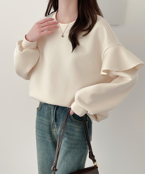 ABITOKYO(アビトーキョー)の「ショルフリル段ボールスウェットプルオーバー(スウェット・レディース・アイボリー/ブラック/チャコールグレー・M/L/XL)」の1枚目の写真