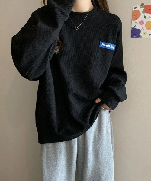 SEU(エスイーユー)の「ワッフル素材ワンポイントロンT 長袖フットボールプルオーバー(Tシャツ/カットソー・レディース・ブルー/グレー/ブラック/ホワイト・フリー)」の22枚目の写真