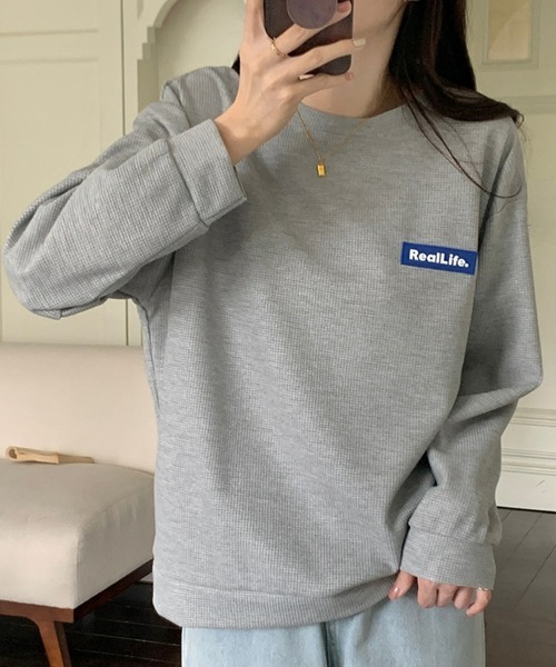SEU(エスイーユー)の「ワッフル素材ワンポイントロンT 長袖フットボールプルオーバー(Tシャツ/カットソー・レディース・ブルー/グレー/ブラック/ホワイト・フリー)」の13枚目の写真