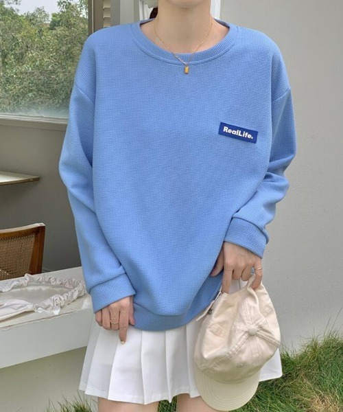 SEU(エスイーユー)の「ワッフル素材ワンポイントロンT 長袖フットボールプルオーバー(Tシャツ/カットソー・レディース・ブルー/グレー/ブラック/ホワイト・フリー)」の9枚目の写真