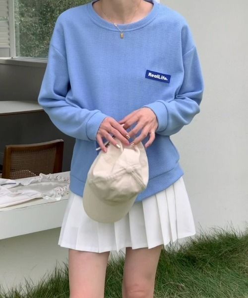 SEU(エスイーユー)の「ワッフル素材ワンポイントロンT 長袖フットボールプルオーバー(Tシャツ/カットソー・レディース・ブルー/グレー/ブラック/ホワイト・フリー)」の10枚目の写真