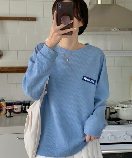 SEU(エスイーユー)の「ワッフル素材ワンポイントロンT 長袖フットボールプルオーバー(Tシャツ/カットソー・レディース・ブルー/グレー/ブラック/ホワイト・フリー)」の5枚目の写真