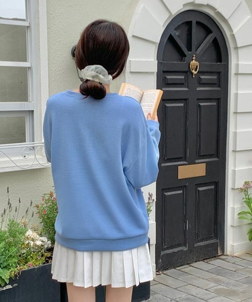 SEU(エスイーユー)の「ワッフル素材ワンポイントロンT 長袖フットボールプルオーバー(Tシャツ/カットソー・レディース・ブルー/グレー/ブラック/ホワイト・フリー)」の6枚目の写真