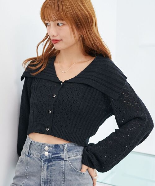 MAJESTIC LEGON(マジェスティックレゴン)の「ビッグカラー透かしニットカーデ(カーディガン/ボレロ・レディース・ブラック/オフホワイト/ブルー/クリーム・MEDIUM)」の7枚目の写真