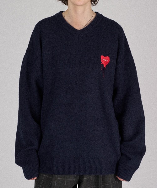 MELTY HEART LOGO V-NECK KNIT / メルティーハートVネックニット