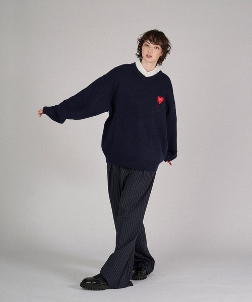 ハートVネックニット ONCILY（オンシェリー） セーター ニット MELTY HEART LOGO V-NECK