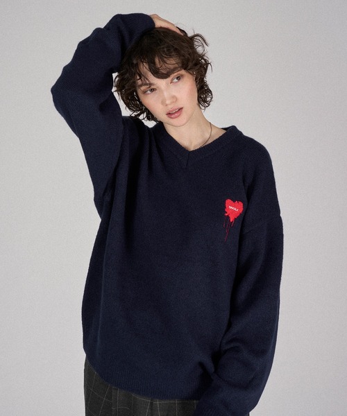 MELTY HEART LOGO V-NECK KNIT / メルティーハートVネックニット