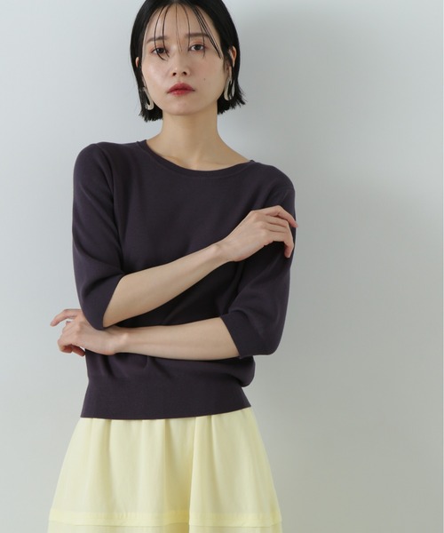 N.（N. Natural Beauty Basic）（エヌエヌナチュラルビューティーベーシック）の「総針クルーネック五分袖ニット（ニット/セーター・レディース・ブルー/オフホワイト/チャコールグレー/ピンク・MEDIUM）」の2枚目の写真