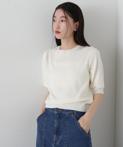 N.（N. Natural Beauty Basic）（エヌエヌナチュラルビューティーベーシック）の「総針クルーネック五分袖ニット（ニット/セーター・レディース・ブルー/オフホワイト/チャコールグレー/ピンク・MEDIUM）」の5枚目の写真