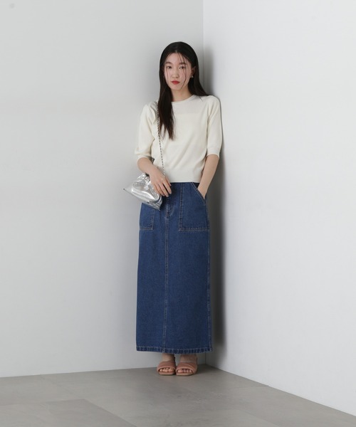 N.（N. Natural Beauty Basic）（エヌエヌナチュラルビューティーベーシック）の「総針クルーネック五分袖ニット（ニット/セーター・レディース・ブルー/オフホワイト/チャコールグレー/ピンク・MEDIUM）」の6枚目の写真