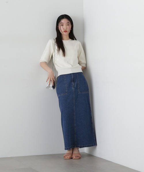 N.（N. Natural Beauty Basic）（エヌエヌナチュラルビューティーベーシック）の「総針クルーネック五分袖ニット（ニット/セーター・レディース・ブルー/オフホワイト/チャコールグレー/ピンク・MEDIUM）」の7枚目の写真