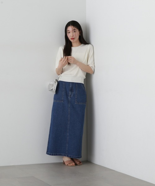 N.（N. Natural Beauty Basic）（エヌエヌナチュラルビューティーベーシック）の「総針クルーネック五分袖ニット（ニット/セーター・レディース・ブルー/オフホワイト/チャコールグレー/ピンク・MEDIUM）」の8枚目の写真