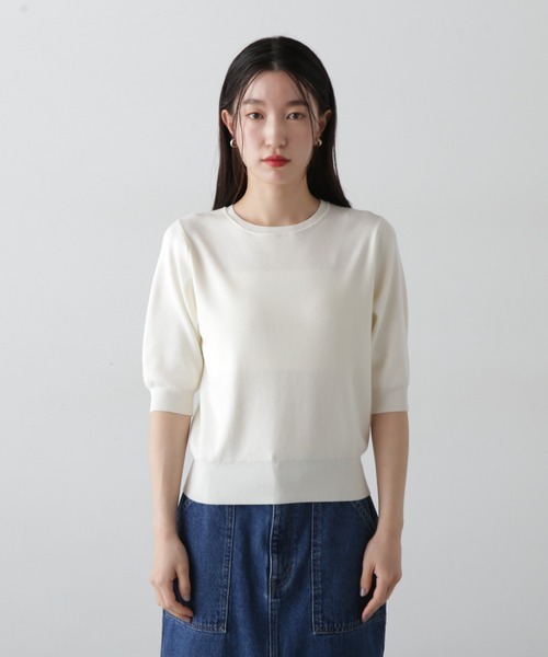 N.（N. Natural Beauty Basic）（エヌエヌナチュラルビューティーベーシック）の「総針クルーネック五分袖ニット（ニット/セーター・レディース・ブルー/オフホワイト/チャコールグレー/ピンク・MEDIUM）」の10枚目の写真