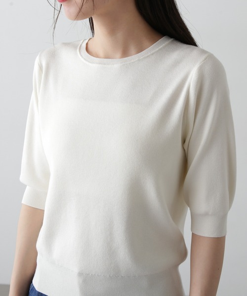 N.（N. Natural Beauty Basic）（エヌエヌナチュラルビューティーベーシック）の「総針クルーネック五分袖ニット（ニット/セーター・レディース・ブルー/オフホワイト/チャコールグレー/ピンク・MEDIUM）」の13枚目の写真