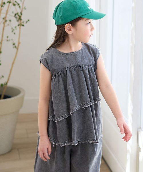 Piet（ピエット）の「【綿100%】アシメ フリル デニムブラウス（シャツ/ブラウス・キッズ・グレー/サックスブルー・100/110/130/120）」の3枚目の写真