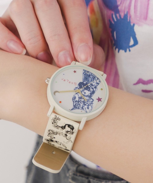 ScoLar(スカラー)の「SJ-022:ネコとSCOLARロゴ 総柄腕時計(アナログ腕時計・レディース・アイボリー/ブラック・M)」の2枚目の写真