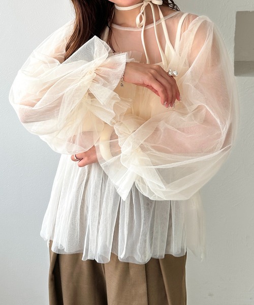 apres jour clair(アプレジュールクレア)の「【apres jour clair】チュールデザインシアートップス(シャツ/ブラウス・レディース・ブラック/ピンクベージュ/アイボリー・フリー/X-LARGE)」の5枚目の写真