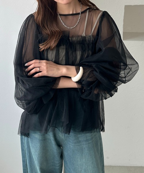 apres jour clair(アプレジュールクレア)の「【apres jour clair】チュールデザインシアートップス(シャツ/ブラウス・レディース・ブラック/ピンクベージュ/アイボリー・フリー/X-LARGE)」の11枚目の写真
