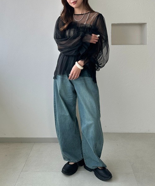 apres jour clair(アプレジュールクレア)の「【apres jour clair】チュールデザインシアートップス(シャツ/ブラウス・レディース・ブラック/ピンクベージュ/アイボリー・フリー/X-LARGE)」の16枚目の写真