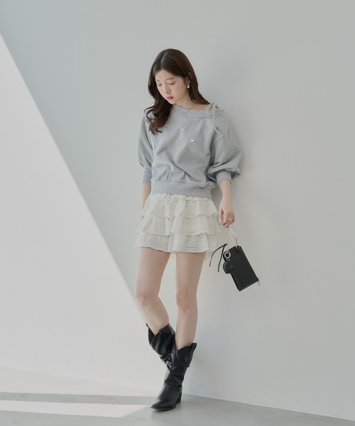 新品 ワンショルルーズスウェット 2点 セール】【7分袖】肩リボンワンショルルーズスウェット（Tシャツ
