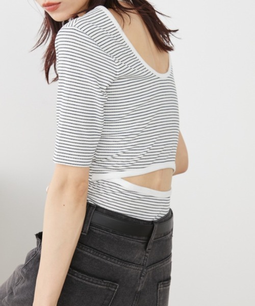 Auntie Rosa Holiday(アンティローザホリデー)の「ボーダーテレコバックスリットトップス(Tシャツ/カットソー・レディース・ブラック/オフホワイト・FREE)」の1枚目の写真