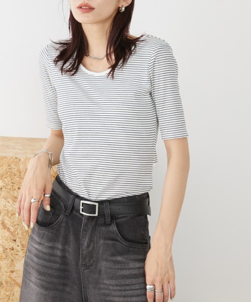 Auntie Rosa Holiday(アンティローザホリデー)の「ボーダーテレコバックスリットトップス(Tシャツ/カットソー・レディース・ブラック/オフホワイト・FREE)」の14枚目の写真