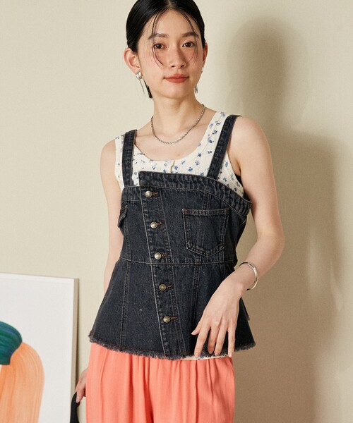 セール】デニムアシメビスチェ/リボン付き デニムビスチェ/リメイク風