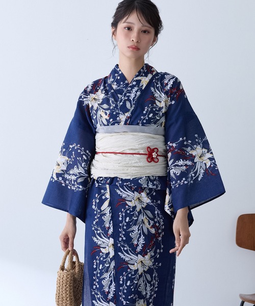 簡単着付け レディース浴衣セット 5点セット 花柄【浴衣・兵児帯・飾り