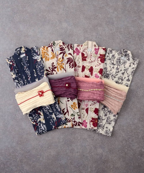 美品❗墲松庵 洗える 花柄 浴衣(キュプラ100%)・帯セット 浴衣 セット レディース 2点セット 兵児帯 作り帯 女性用 綿100％ 大人